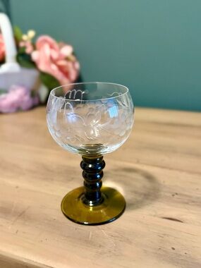 Vintage German Roemer Green Wine Glass Etched Grapes Cordial